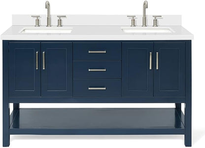 ARIEL Magnolia 60-inch Bathroom Vanity with Sink,Solid Wood, 1.5-inch Pure White Quartz Countertop, Double Rectangular Porcelain Sink, 4 Soft Closing Doors, 3 Dovetail Drawers, Midnight Blue