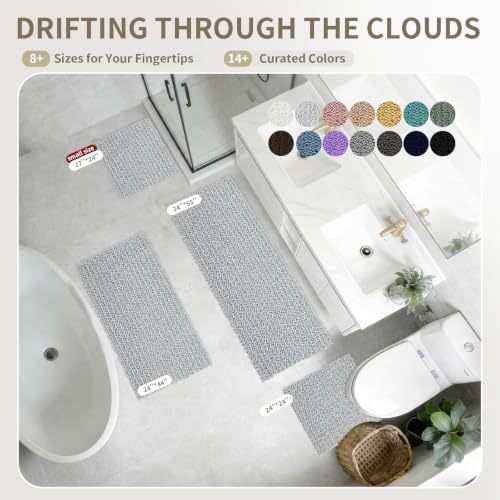 Bathroom Rugs Non Slip Washable 55x24, Extra Thick Soft Chenille Absorbent Bath Mat, High Density Barrier Non Slip Backing, Quick Dry Plush Shaggy Floor Carpet for Tub&Shower, Silver