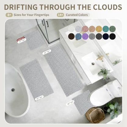 Bathroom Rugs Non Slip Washable 55x24, Extra Thick Soft Chenille Absorbent Bath Mat, High Density Barrier Non Slip Backing, Quick Dry Plush Shaggy Floor Carpet for Tub&Shower, Silver