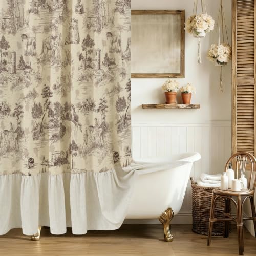ORTIGIA Ruffle Linen Shower Curtain with Metal Hooks 72x72 Inch, Taupe Brown Toile de Jouy for Vintage French Country Waterproof Bathroom Decor Chateau Toile Pattern