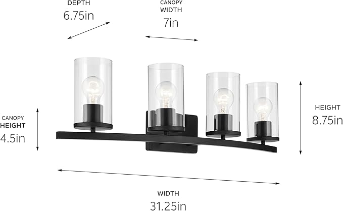 Kichler Crosby 31.25" 4-Light Vanity Light with Clear Glass in Black, for Bathroom, (31.25 x 8.75), 45498BKCLR