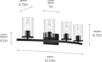 Kichler Crosby 31.25" 4-Light Vanity Light with Clear Glass in Black, for Bathroom, (31.25 x 8.75), 45498BKCLR