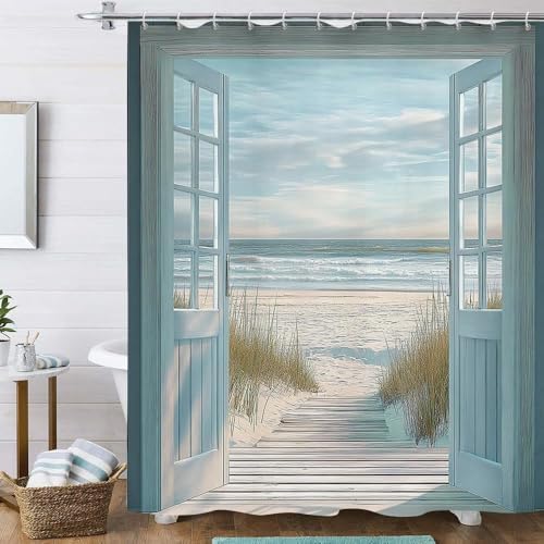 Blue Beach Barn Door Shower Curtain, Rustic Country Ocean Coastal Seaside Scenery Decor Bath Curtains, Retro Teal Wood Waterproof Bathroom Accessories Set, 72 x 78 inch with Hooks