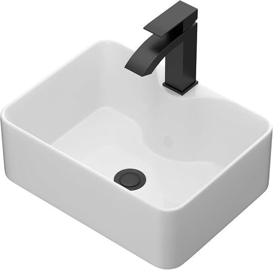 Bathroom Vessel Sink 16" x 12" Rectangle Vessel Sink With Black Faucet And Black Drain Combo Bowl Sink Bathroom Countertop Rectangular White Farmhouse Lavatory Vanity Sink Basin