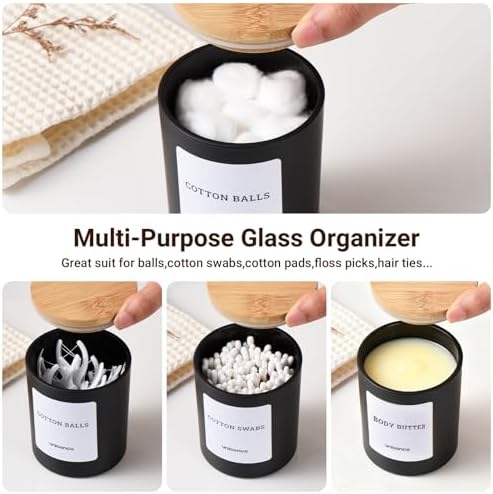 2 Pack Glass Qtip Holder Dispenser Set - Q Tip Holder for Bathroom Canister Qtip Dispenser with Lid for Cotton Balls, Swabs, Floss Picks, and Makeup Sponges ,Black,Large Capacity