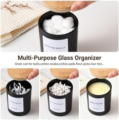 2 Pack Glass Qtip Holder Dispenser Set - Q Tip Holder for Bathroom Canister Qtip Dispenser with Lid for Cotton Balls, Swabs, Floss Picks, and Makeup Sponges ,Black,Large Capacity