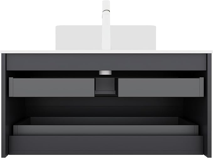 36'' Floating Vanity with Sink Combo, Modern Wall-Mounted Curved Edges Striped Bathroom Storage Cabinet with Soft-Close Drawer and White Artificial Marble Basin, Black