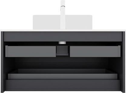 36'' Floating Vanity with Sink Combo, Modern Wall-Mounted Curved Edges Striped Bathroom Storage Cabinet with Soft-Close Drawer and White Artificial Marble Basin, Black
