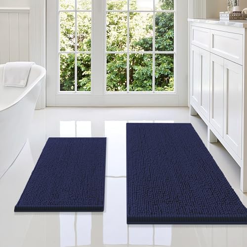 Smiry Chenille Bathroom Rugs Sets 2 Piece (36x24+24x16, Navy Blue)