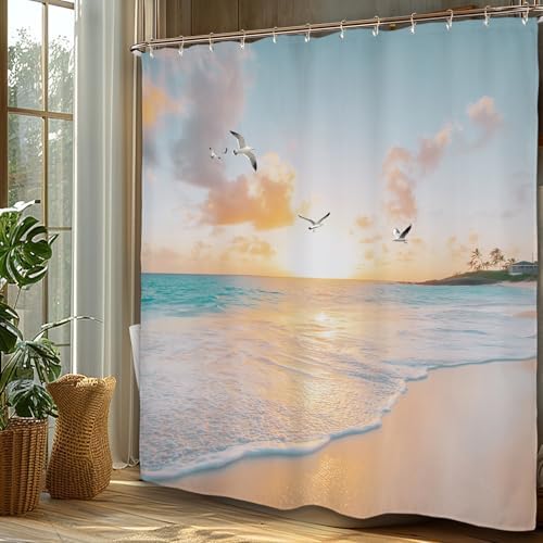 Miyotaa Beach Coastal Shower Curtain Set 60Wx71H Inches Sea Ocean Sunrise Sunset Scene Wave Seagull Hawaiian Seaside Waterproof Bathroom Curtain with 12 Hooks