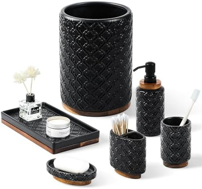 RQYIXI Ceramic Bathroom Accessories Set,Black,6 Piece,Embossed Design
