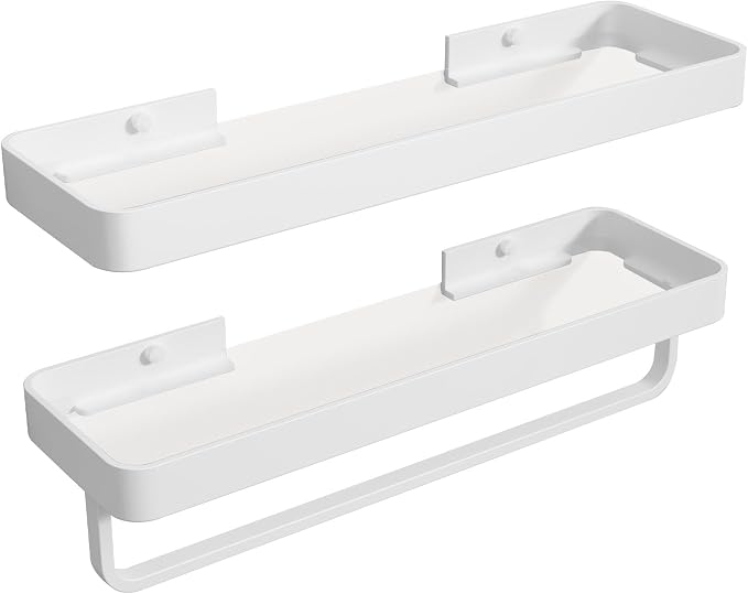 16-Inch White Floating Bathroom Shelves with Towel Bar， Clear Tempered Glass Wall Shelf 2-Pack – Versatile Bathroom Organizer Set