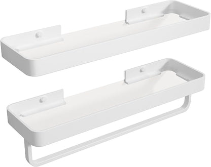 16-Inch White Floating Bathroom Shelves with Towel Bar， Clear Tempered Glass Wall Shelf 2-Pack – Versatile Bathroom Organizer Set