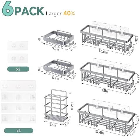 Veken Shower Caddy 6-Pack, No Drilling & Rustproof, Waterproof Adhesive Shelves Rack with Soap Holder, Large Capacity Bathroom Organizers and Storage, Wall-Mounted Kitchen & Home Decor, Silver Gray