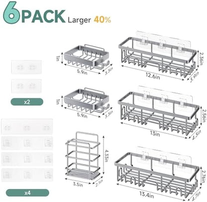 Veken Shower Caddy 6-Pack, No Drilling & Rustproof, Waterproof Adhesive Shelves Rack with Soap Holder, Large Capacity Bathroom Organizers and Storage, Wall-Mounted Kitchen & Home Decor, Silver Gray