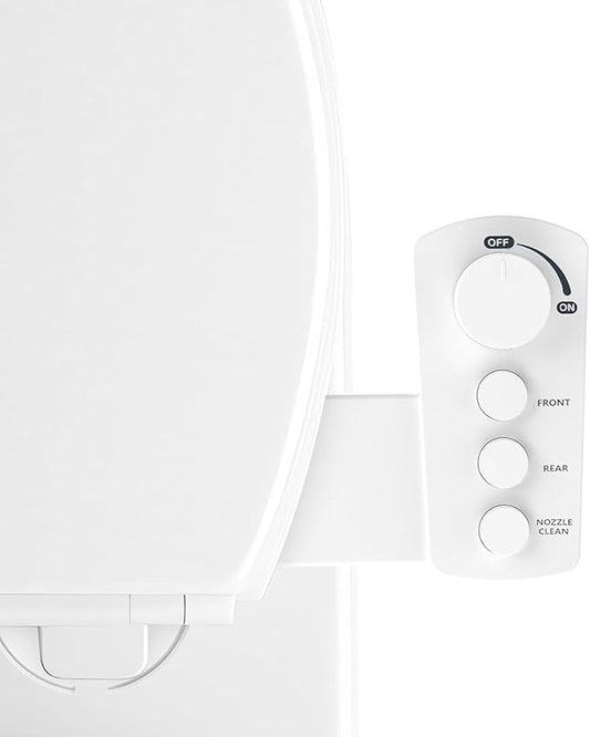 Bidet Attachment for Toilet Seat, Ultra Slim | Easy Control | Adjustable Water Pressure | Non-Electric Self-Cleaning Dual Nozzle | Cold Water Bidet for Frontal & Rear Wash, White Knob