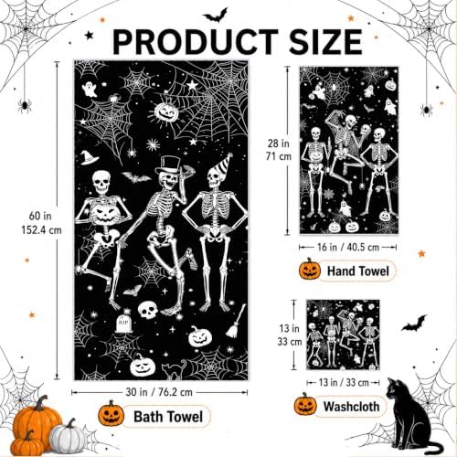 Moukeren Set of 3 Halloween Bathroom Towels Gothic Skull Bath Towel Hand Towels and Washcloth Soft Spooky Black White Decorative Towel Housewarming Gifts for Farmhouse Bathroom Kitchen
