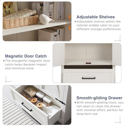 JXQTLINGMU Farmhouse Kitchen Pantry Cabinet - 72" Tall Wood Kitchen Storage Cabinets with Adjustable Shelves & 2 Barn Style Doors & Drawer, Versatile Storage for Dining Room, Bathroom, Antique White