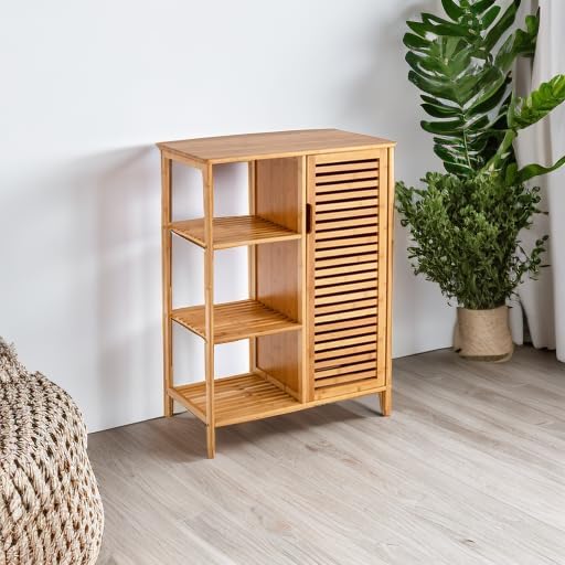 Tangkula Bamboo Bathroom Floor Cabinet, Storage Cabinet with Shutter Door and 3 Tier Shelves, Freestanding Bathroom Cabinet for Living Room Kitchen Hallway, Natural