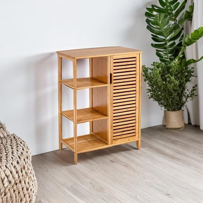 Tangkula Bamboo Bathroom Floor Cabinet, Storage Cabinet with Shutter Door and 3 Tier Shelves, Freestanding Bathroom Cabinet for Living Room Kitchen Hallway, Natural