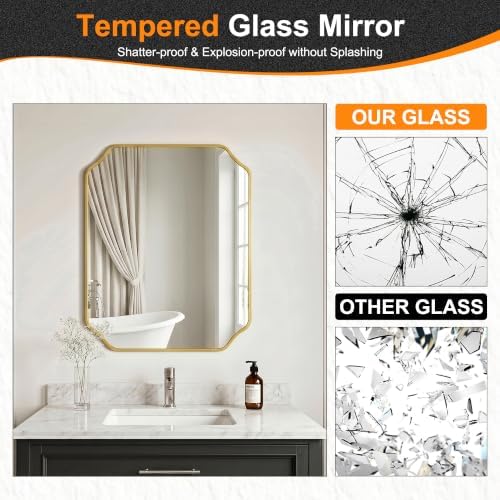Delma Bathroom Vanity Mirror, Black Framed Aluminum Bathroom Mirror for Over Sink, Scalloped Round Corner Wall Mirror, High-Definition Vanity Mirror, Hangs Horizontally or Vertically (30x24,Gold)