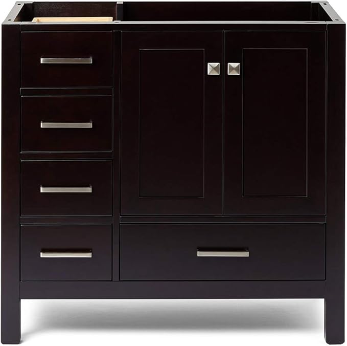 ARIEL Cambridge 36-inch Bathroom Vanity Base Cabinet,Solid Wood, 2 Soft Closing Doors, 5 Dovetail Drawers, Espresso