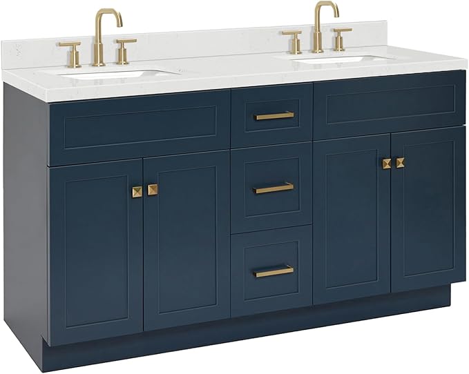 ARIEL Hamlet 60-inch Bathroom Vanity with Sink,Solid Wood, 1.5-inch Carrara White Quartz Countertop, Double Rectangular Porcelain Sink, 4 Soft Closing Doors, 3 Dovetail Drawers, Midnight Blue
