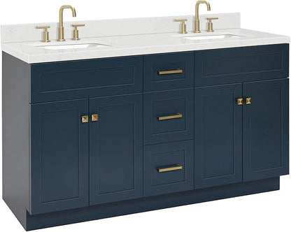ARIEL Hamlet 60-inch Bathroom Vanity with Sink,Solid Wood, 1.5-inch Carrara White Quartz Countertop, Double Rectangular Porcelain Sink, 4 Soft Closing Doors, 3 Dovetail Drawers, Midnight Blue