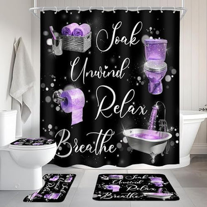 Purple Black Lilac Mauve Funny 4Pcs Bathroom Shower Curtain Set with Rugs