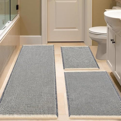 IM HOME Waffle Bath Mat Set 3 Piece Grey & Beige,Woven Modern Bath Rug Mats, Absorbent Non Slip Bath Floor Mat, Soft Washable Boho Bath Rugs with Tassels for Bathroom, Bedroom, Kitchen, Tub