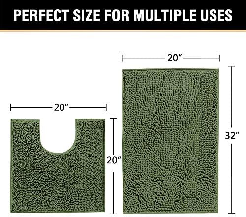 H.VERSAILTEX Bathroom Rugs Luxury Chenille Mat Set, Soft Plush Shower Rug + Toilet Mat, Microfiber Shaggy Carpet, Super Absorbent, Machine Washable (Curved Set, 32" x 20"/20" x 20", Loden)