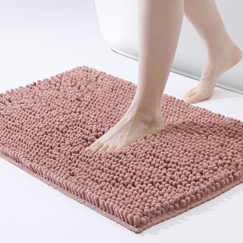 FRESHMINT Chenille Bathroom Rugs Mat 32"x20", Non-Slip Bath Mat for Bathroom Floor & BathTub, Washable Soft Shower Shag Bath Rugs, Durable Fluffy Thick Water Absorbent Microfiber Shower Mat, Rust Pink