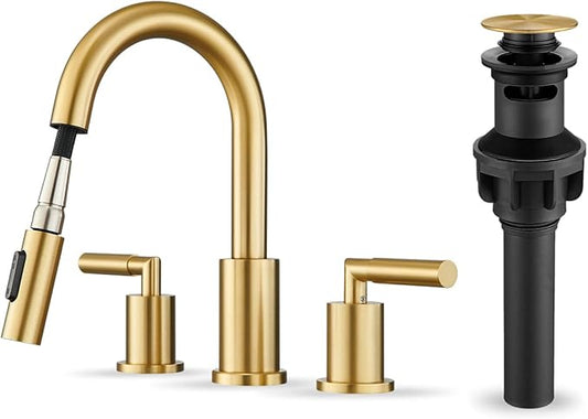 Tohlar Gold Bathroom Faucet with Sprayer, Widespread Bathroom Faucets Gold 8 Inch Basin Sink Tap 3 Holes, 2 Handle Vanity Faucet with Pull Out Sprayer Pop Up Drain Assembly Included