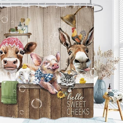 Funny Animal Shower Curtain 60Wx72L Inch Rustic Farmhouse Country Cow Donkey Pig Farm Sweet Cheeks Bathroom Set Accessories Decor with 12 Pack Hooks
