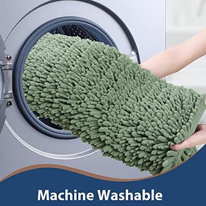 Luxury Chenille Sage Green Bathroom Rugs Sets 2 Piece, Thickened Hot Melt Rubber Bottom Bath Mats for Bathroom Non Slip,Bath Rugs Quick Dry Machine Washable for Shower Mat (47"x17"+17"x24")