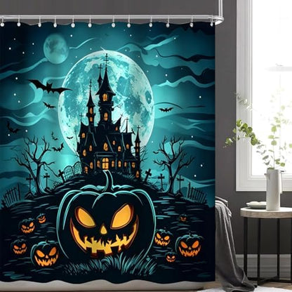 NBVKO Halloween Castle Pumpkin Waterproof Shower Curtain Set,with Non-Slip Rugs,Toilet Lid Coverand Bath Mat,Halloween Bathroom Decor Accessory Set
