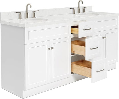 ARIEL Hamlet 72" Double White Bathroom Vanity, 1.5" Edge Carrara Quartz Countertop & Splash, Oval Sinks, 4 Soft Closing Doors, 3 Full Extension Dovetail Drawers, Toe Kick, Brushed Nickel