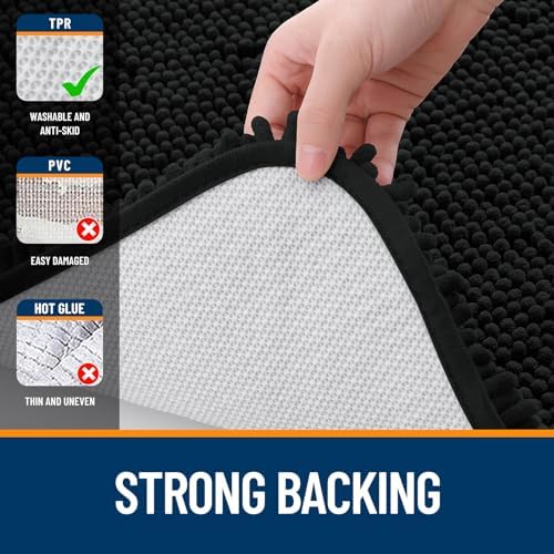 OLANLY Chenille Bathroom Rugs Mats Sets 2 Piece, 47"x20"+30"x20", Black