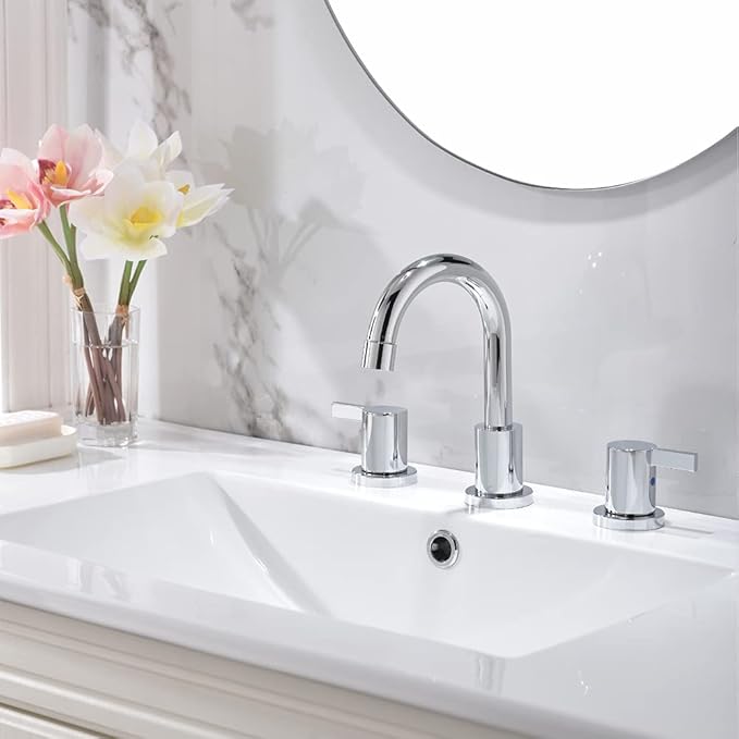 Phiestina Widespread Bathroom Sink Faucet, 3 Hole 8 Inch Chrome Finish, Modern Vanity Faucet with Metal Pop Up Drain, WF015-1-C