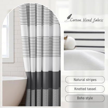 Dark Grey Farmhouse Cotton Striped Shower Curtain with Tassel 72"W X 72"L