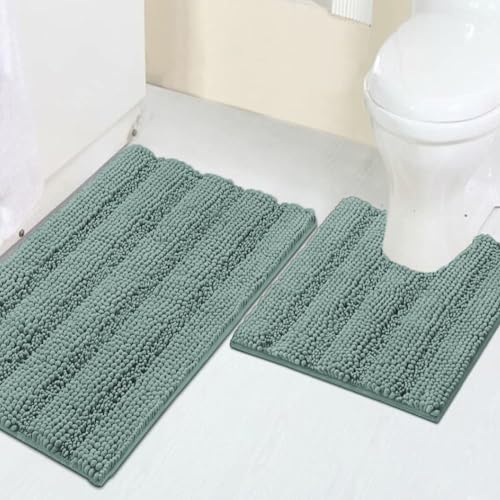 2 Piece Bathroom Rug Set with Toilet Mat, Soft Absorbent Chenille, Non-Slip
