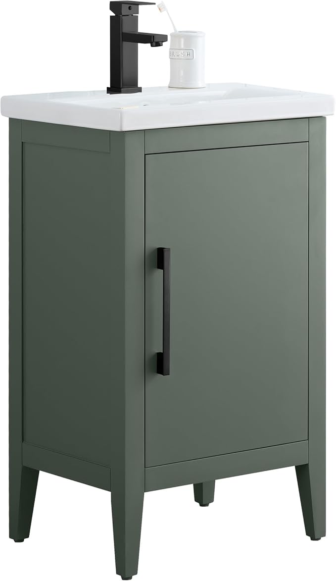 HomeBeyond 20 Inch Bathroom Vanity with Sink & Ceramic Top, Single Vanity Cabinet with Basin, Soft-Closing Doors & Matte Black Hardware, Vintage Green