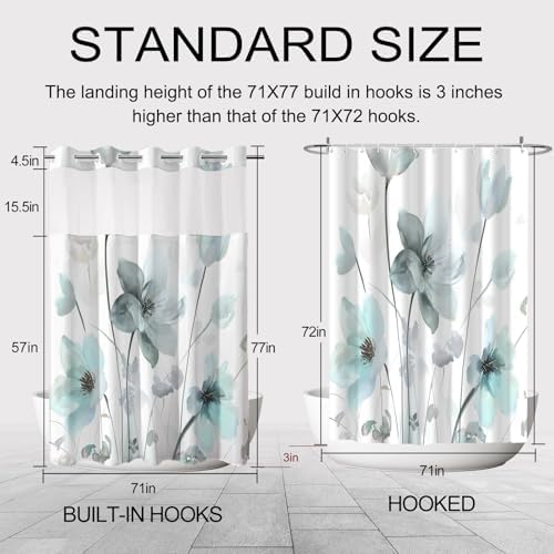 No Hook Shower Curtain and Liner Set, Teal Blue Boho Floral 71x77