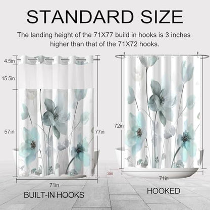 No Hook Shower Curtain and Liner Set, Teal Blue Boho Floral 71x77