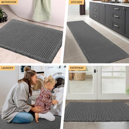 IM HOME Waffle Bath Mat Grey 5'x2', Boho Woven Modern Bath Mat Rugs, Absorbent Non Slip Bathroom Rugs, Soft Washable Bath Rugs with Tassels for Bathroom, Bedroom, Kitchen, Shower, Tub