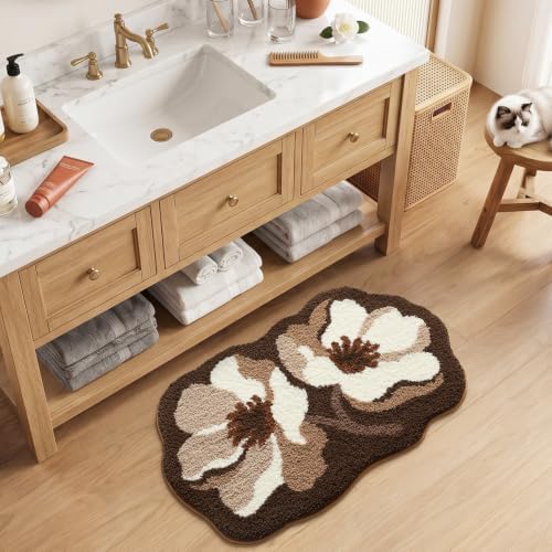 LUMI Flower Bathroom Rug, Absorbent Non Slip Bath Mat, 20x32, Brown Flower