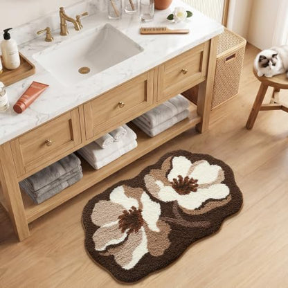 LUMI Flower Bathroom Rug, Absorbent Non Slip Bath Mat, 20x32, Brown Flower