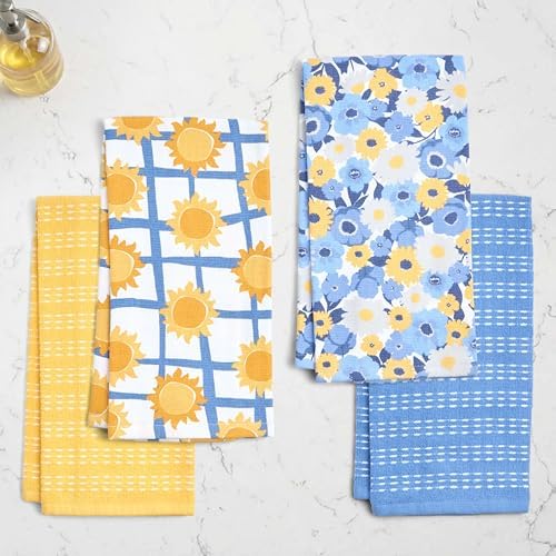 Ritz 4-Piece Kitchen Towel Set, Field Blossoms Floral & Le Soleil Sun Grid Prints with Yellow & Blue Textured Terry, 100% Cotton & Absorbent Blend, 16" x 26", French Country Summer Kitchen Decor