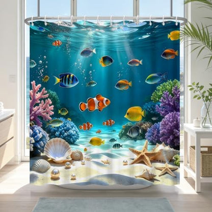Waterproof Tropical Ocean Weighted Shower Curtains for Bathroom with Hooks