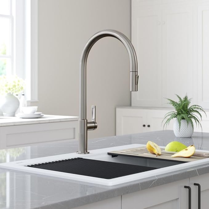 KRAUS Oletto High-Arc Tall Single Handle Pull-Down Kitchen Faucet in Spot Free Stainless Steel, Height 20 3/8 inch, KPF-2821SFS